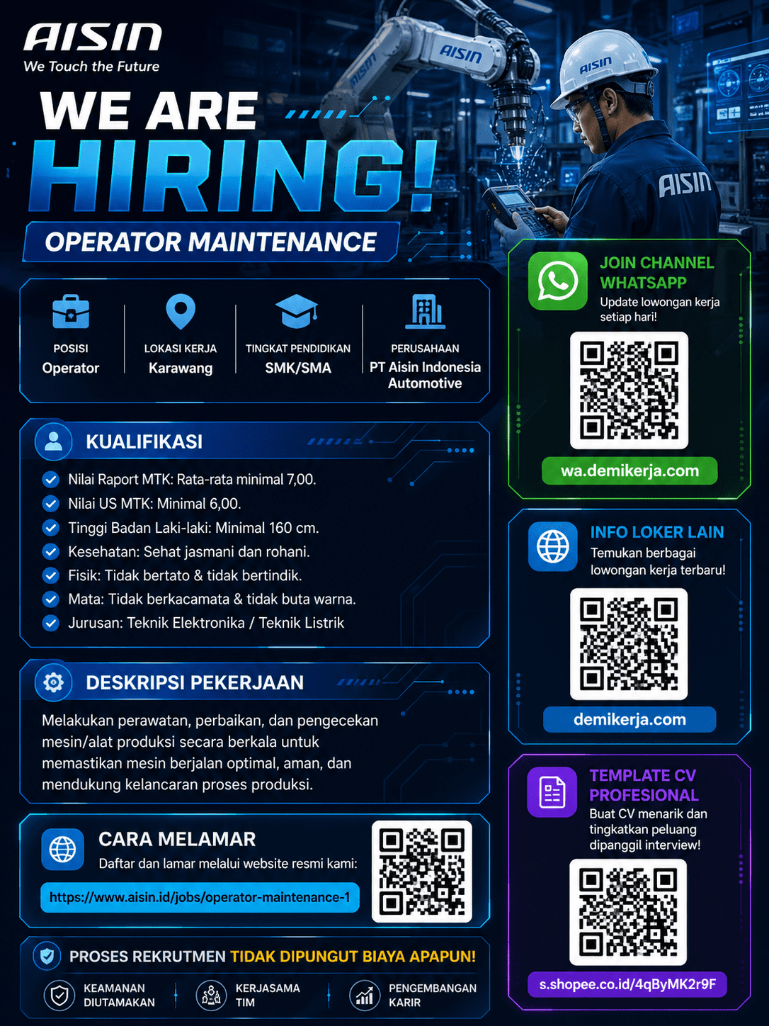 Lowongan Kerja Operator Maintenance PT Aisin Indonesia