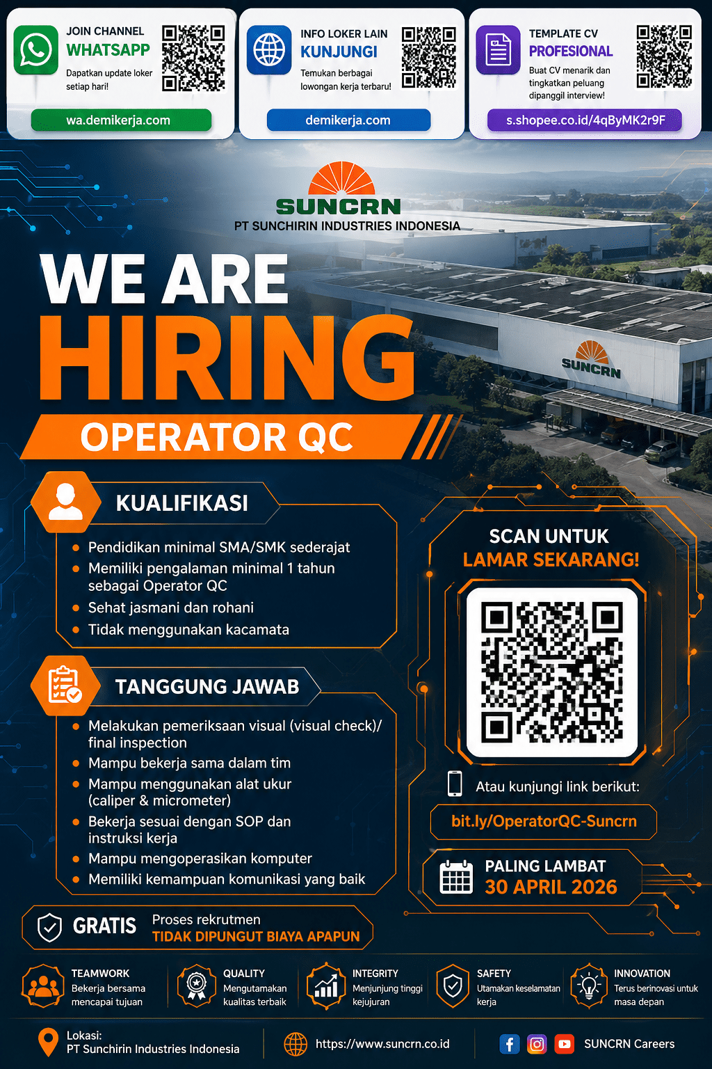 Lowongan Kerja Operator QC PT Sunchirin Industries Indonesia