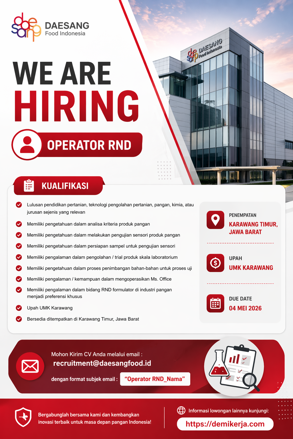 Lowongan Kerja Operator R&D PT Daesang Food Indonesia Karawang Terbaru Mei 2026