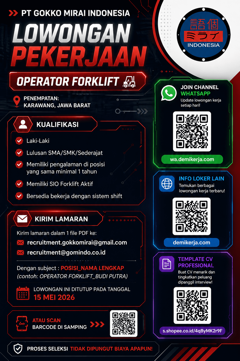 Lowongan kerja Operator Forklift di PT Gokko Mirai Indonesia